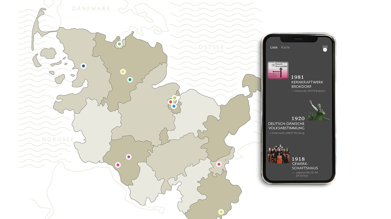 Orte der Demokratie Grafik © Grafik: amatik Eine Karte von Schleswig-Holstein mit markierten Punkten, die für Orte der Demokratie stehen. Daneben ein stilisiertes Smartphone.